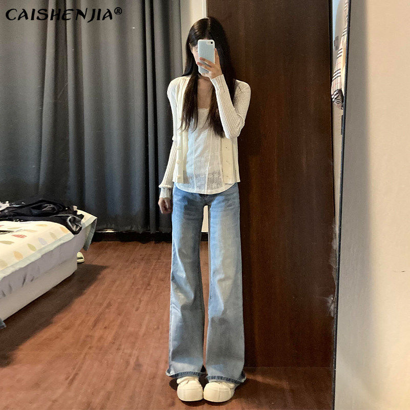 浅蓝色低腰不贴腿微喇牛仔裤女2026春季新款宽松显瘦小个子喇叭裤