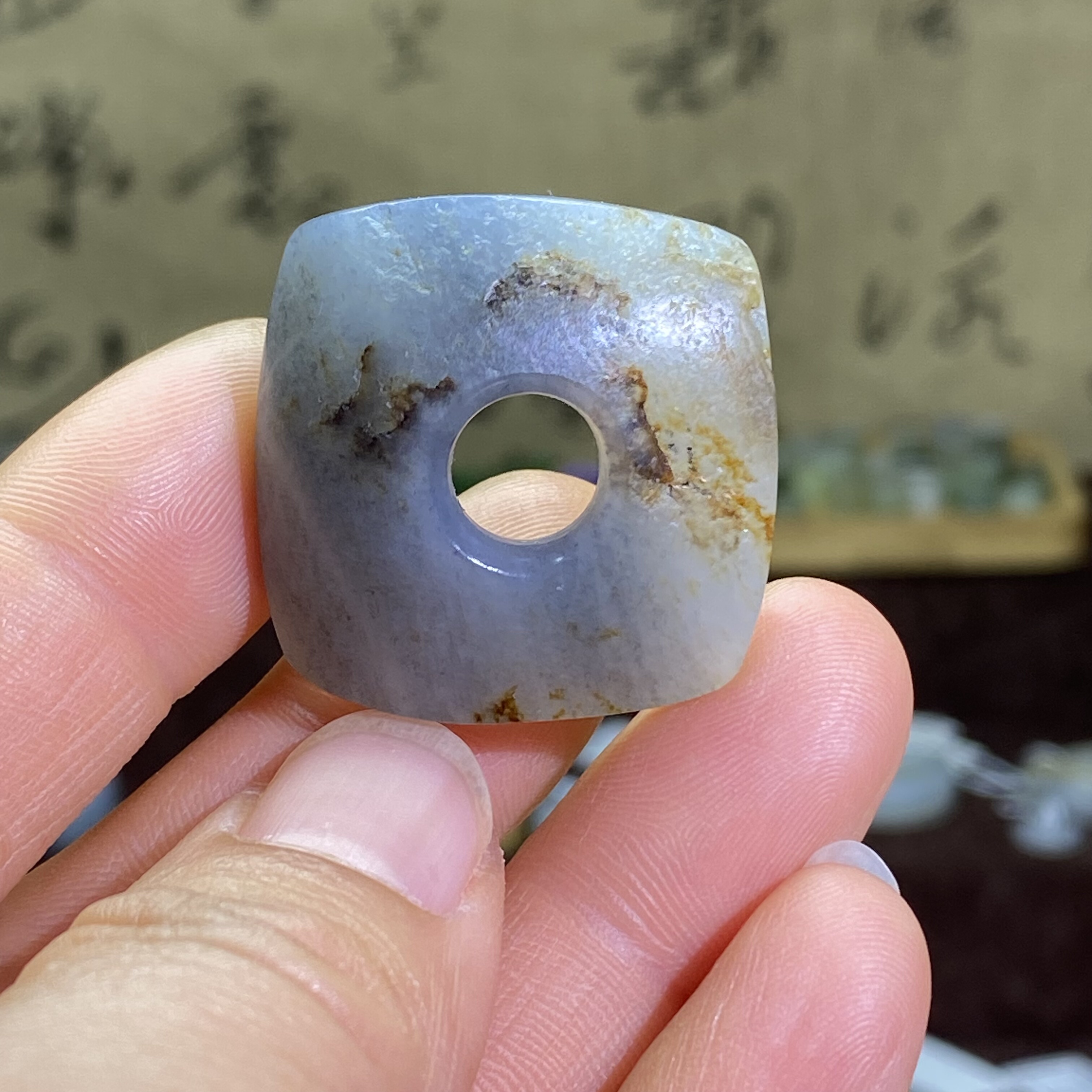 和田玉白底青花籽料方平安扣挂饰满皮随型复古风吊坠手编绳挂饰