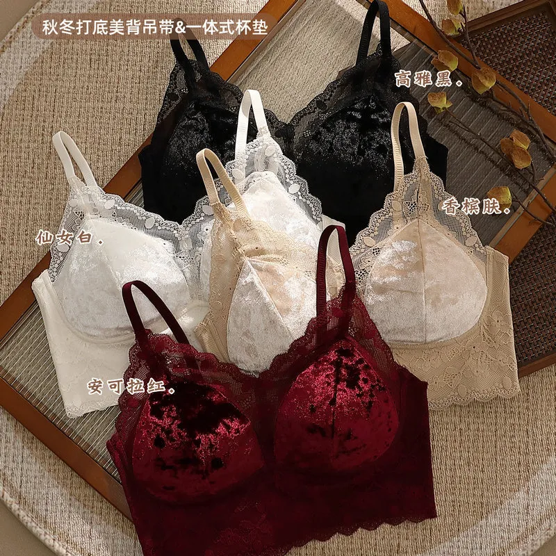 秋冬法式磨毛金丝绒吊带背心女带胸垫无钢圈蕾丝美背性感聚拢裹胸