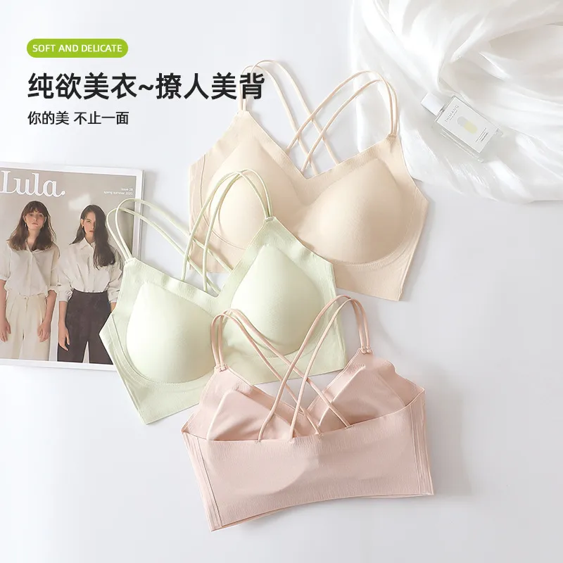 白色美背无痕内衣爆款女士薄款小胸聚拢背心一体黑色交叉文胸裹胸