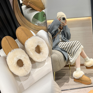 塔茨特雪地靴女冬季新款一脚蹬皮毛一体加厚保暖厚底增高低帮棉鞋