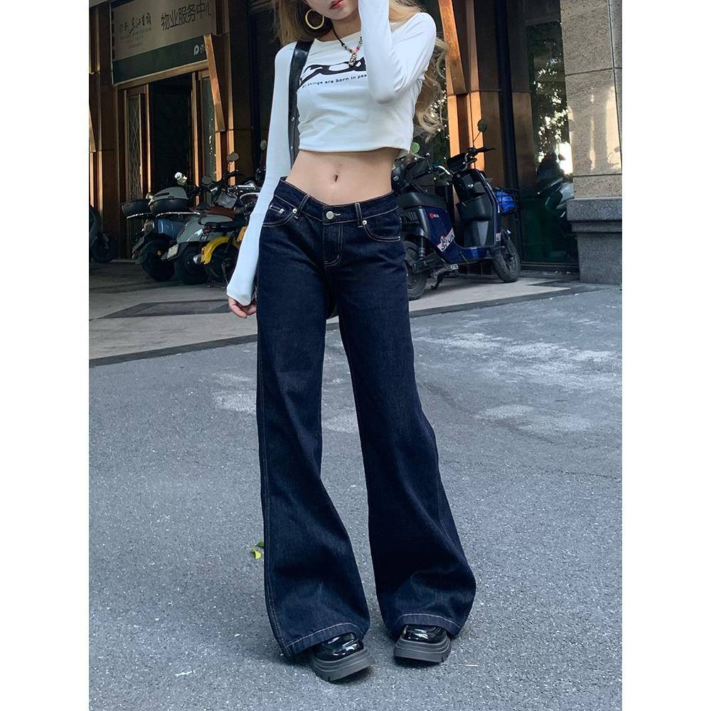 美式原牛色低腰微喇阔腿牛仔裤女春夏新款不贴腿宽松直筒拖地裤子