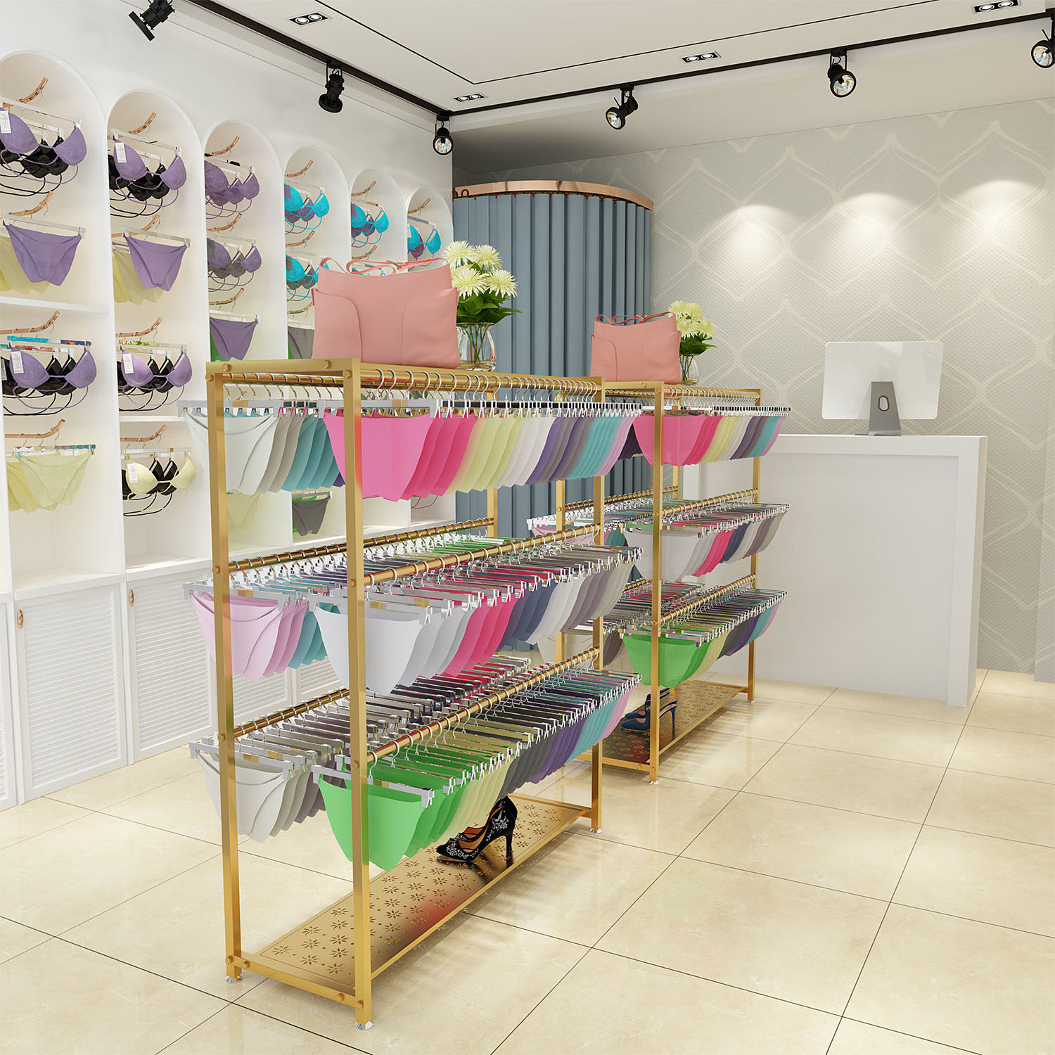 服装店文胸内裤挂衣架子睡衣落地展示架内衣童装双排双杆中岛货架