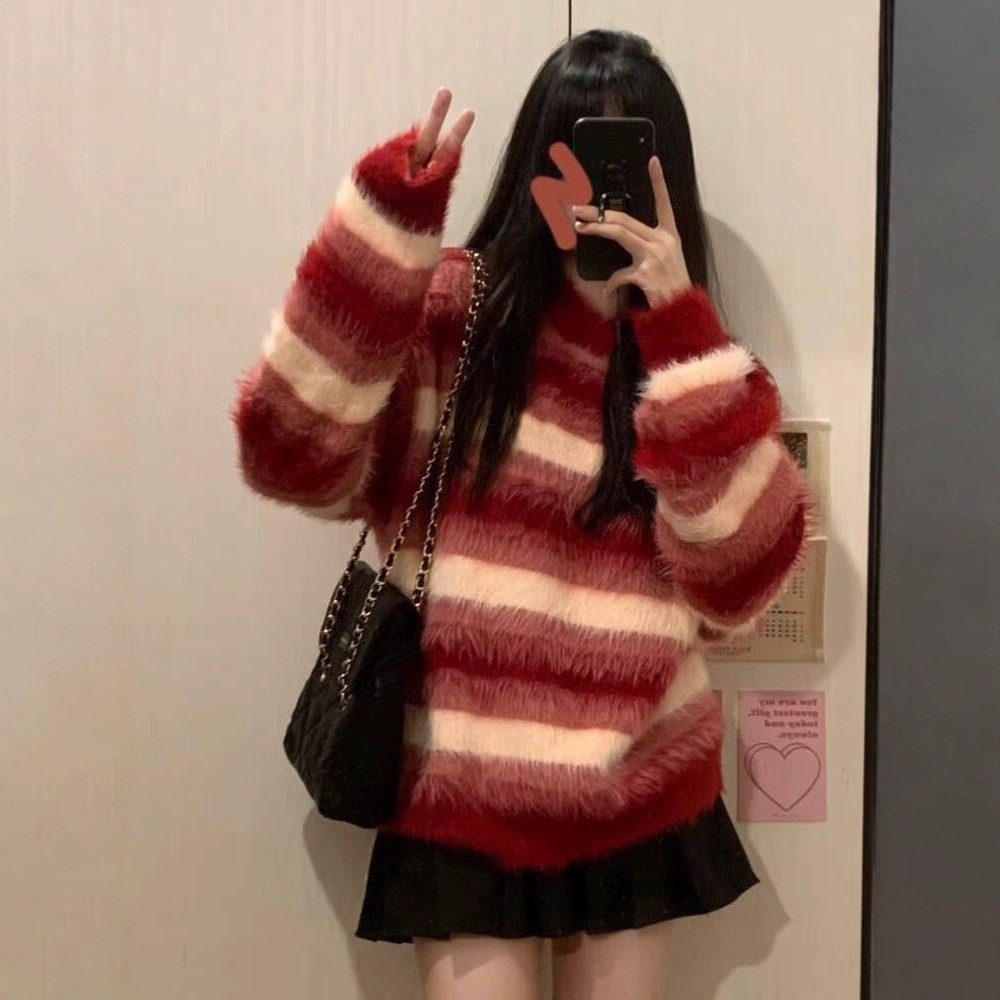 宽松上衣女秋冬新款慵懒风仿水貂绒软糯条纹学院风针织衫套头毛衣