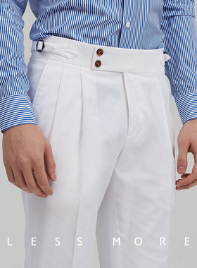 lessmore多少男士休闲裤白色棉春夏男装裤子下装宽松版高腰调节袢