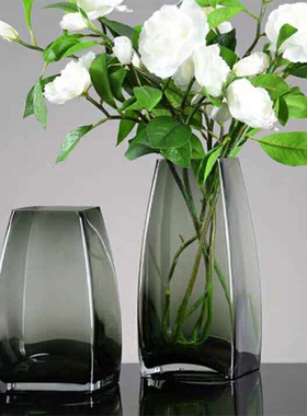 创意欧式轻奢水立方方形透明烟灰色玻璃插花干花花瓶客厅桌面摆件