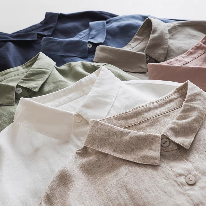 日系简约文艺轻薄高支纯亚麻筋骨感尖领长袖宽松文艺衬衫上衣女