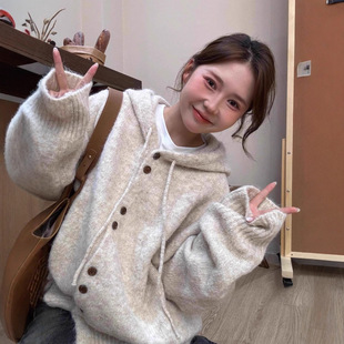 外套上衣 厚韩系穿搭宽松慵懒风软糯针织衫 连帽毛衣开衫 女秋冬季