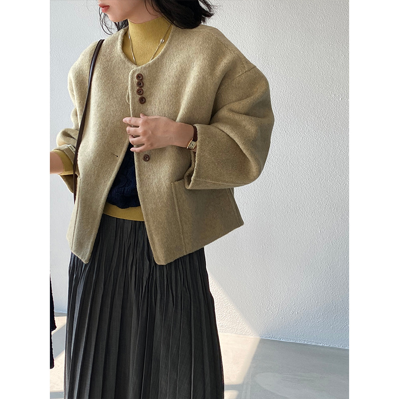江左 卡纳韩系双面羊绒大衣秋冬圆领阔版宽松单排扣羊毛外套 8538