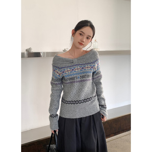 衣尔衫 费尔岛初冬 一字领羊毛复古提花超长袖毛衣女氛围感0680