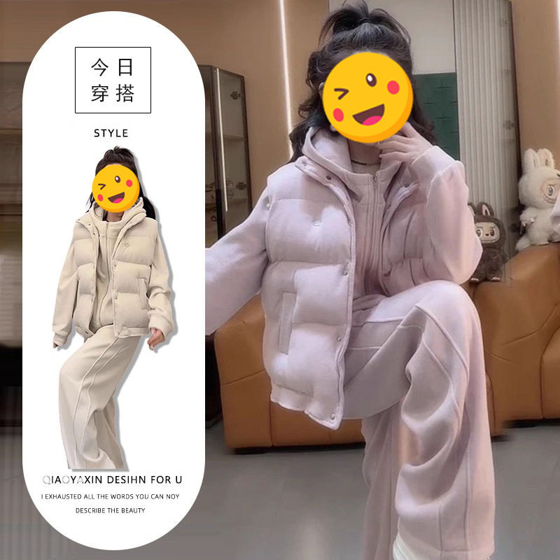 2025秋冬新款休闲运动套装保暖马甲连帽气质纯色卫衣休闲裤三件套