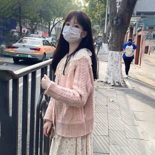 两件套装学院风甜美娃娃领碎花连衣裙子+粉色毛衣外套针织开衫