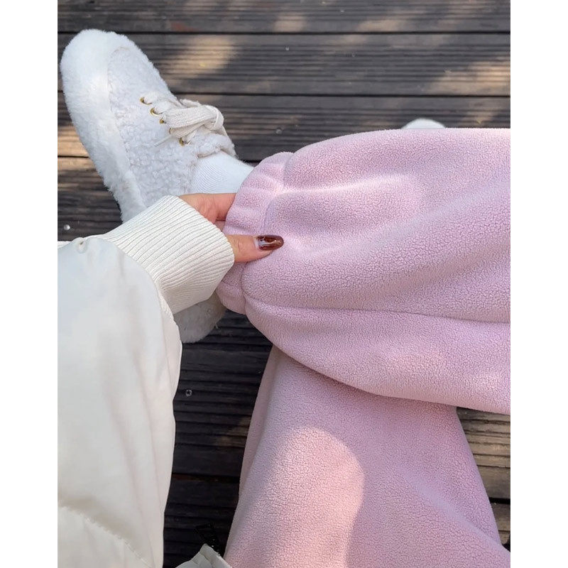 粉色加绒运动裤女秋冬季加厚外穿保暖棉裤摇粒绒小个子束脚卫裤子