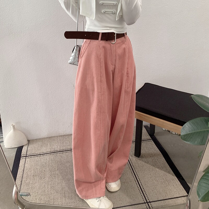 灯芯绒休闲裤女高腰纯色阔腿气球裤长裤配腰带