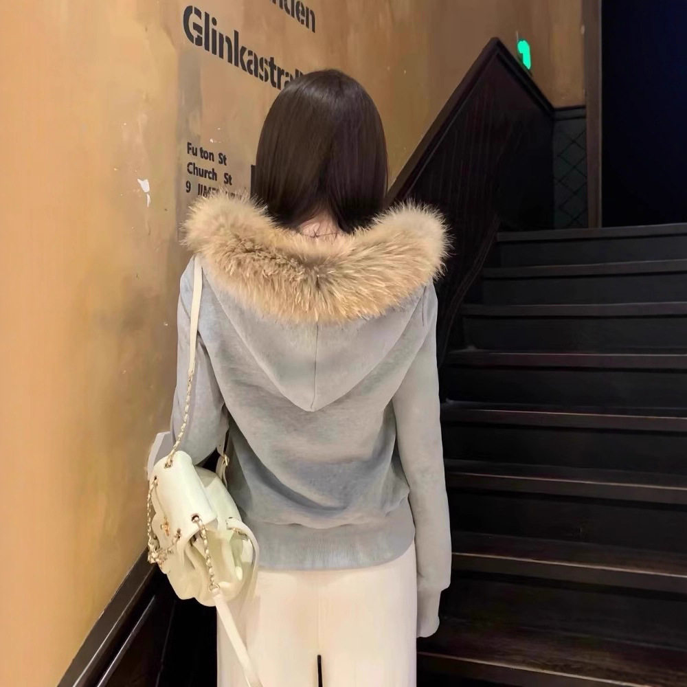 灰色毛领短款开春外套春季chic修身上衣早春穿搭卫衣