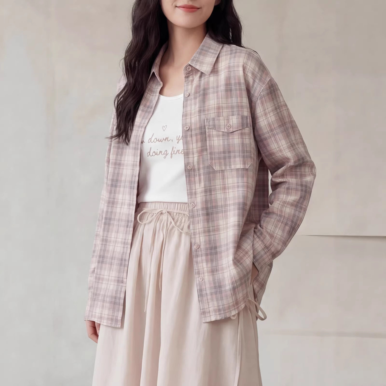 2026新款春夏季长袖宽松休闲百搭格子衬衫女显瘦上衣背心二件套装