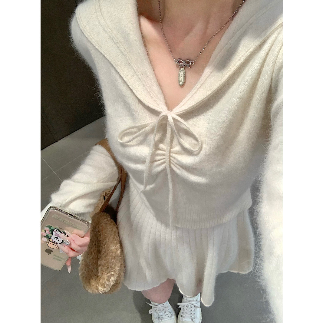 海军领长袖针织衫女修身毛衣内搭软糯紧身上衣搭配短裙套装二件套