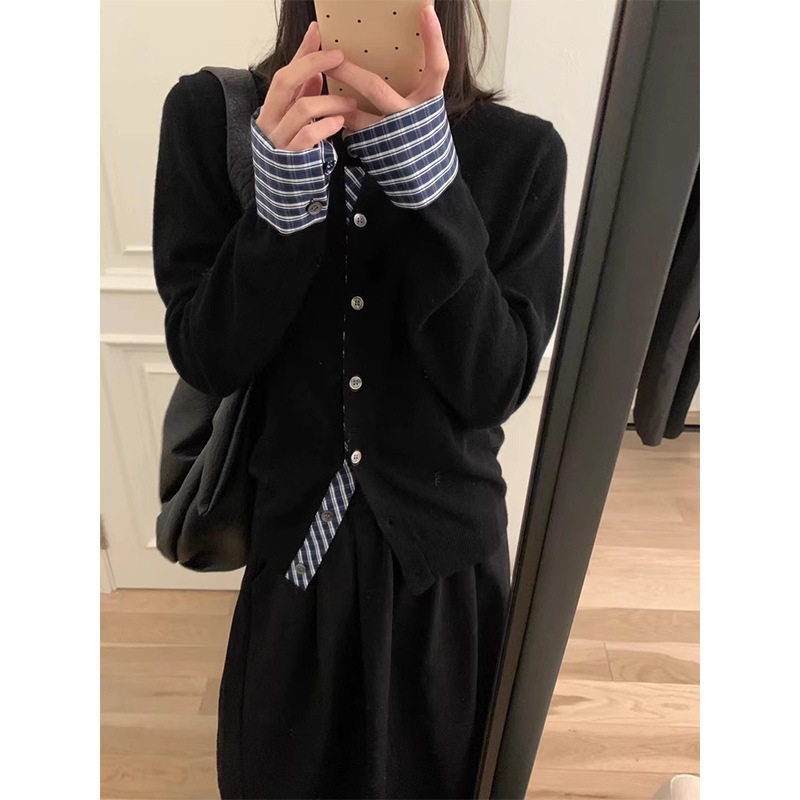 春秋冬季针织开衫女减龄单排扣上衣外套撞色格纹拼接黑色毛衣