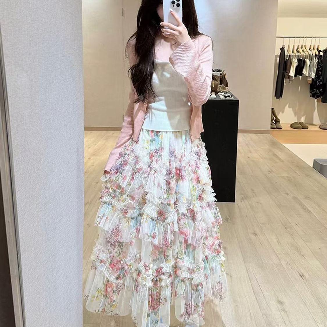 网纱仙女花朵印花法式蕾丝边网纱半身裙套装