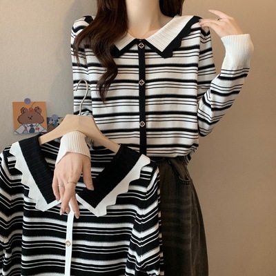 条纹长袖针织衫女秋冬季新款修身显瘦小香风打底衫上衣女