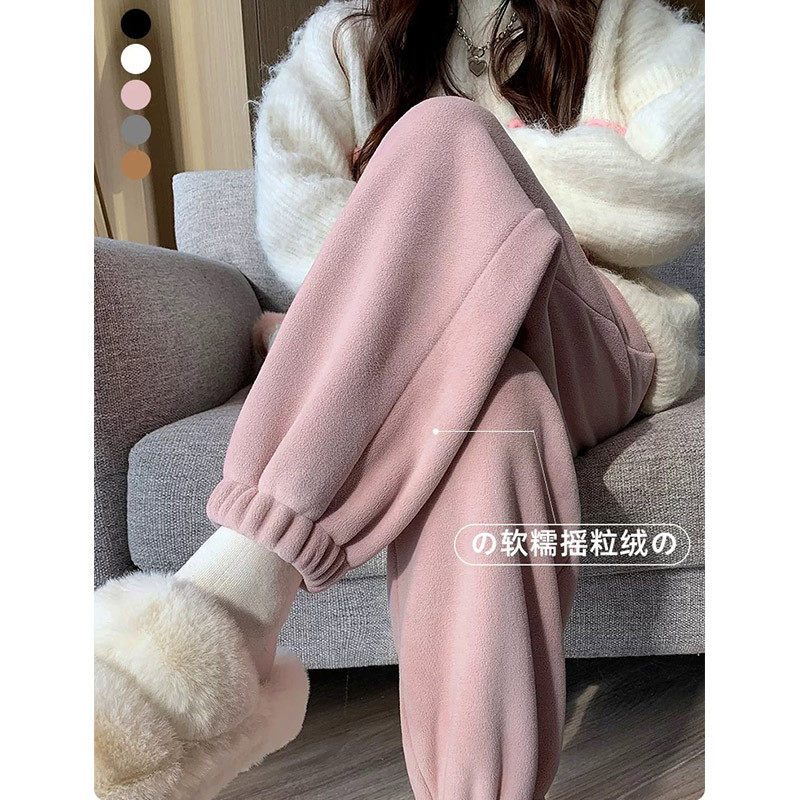 粉色加绒运动裤女秋冬季加厚外穿保暖棉裤摇粒绒小个子束脚卫裤子
