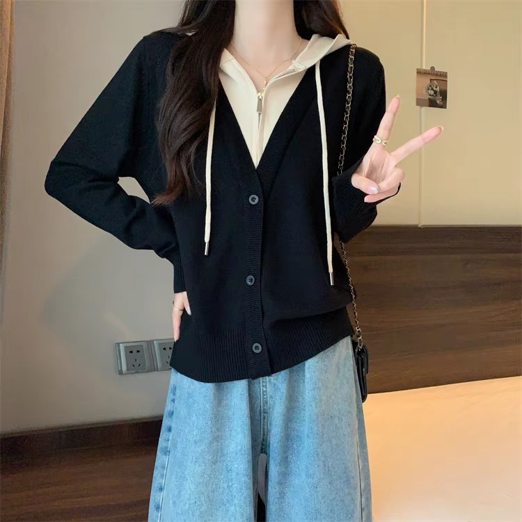 假二件撞色连帽针织假开衫外套秋冬季新款百搭显瘦修身长袖上衣
