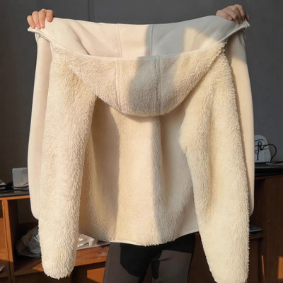 摇粒绒外套女款2025新款加绒秋冬季仿羊羔毛卫衣加厚棉服初冬穿搭