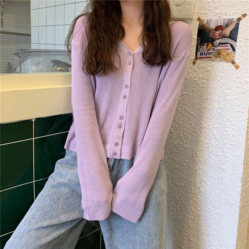 开衫V领长袖针织衫外套女春新款大码打底衫潮夏季薄款