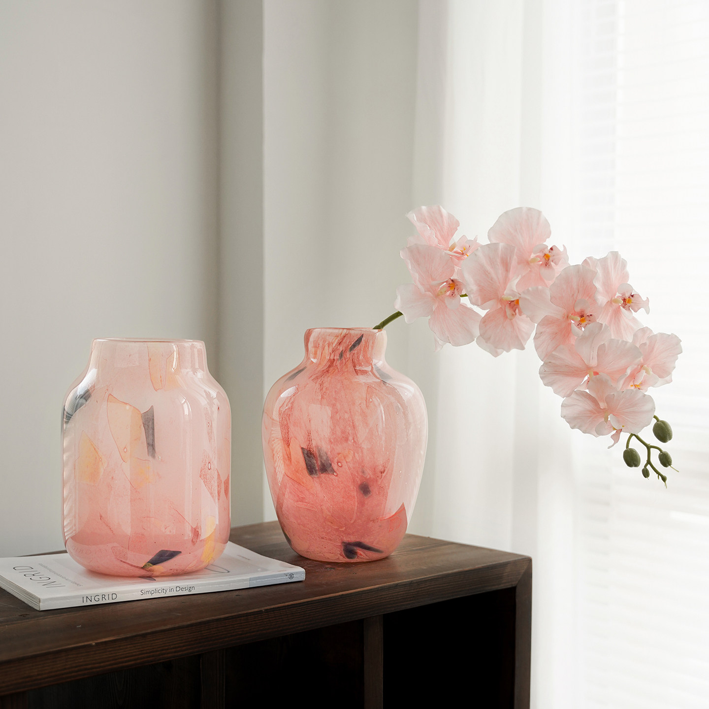 粉色琉璃花瓶高级感现代简约宽口装饰摆件客厅插花水培鲜花花器,鲜花速递/花卉仿真/绿植园艺,花瓶,淘宝优惠券,粉丝福利购,淘宝优惠卷