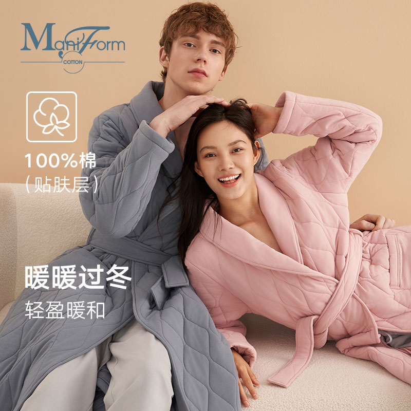 曼妮芬棉质生活纯棉里料厚款睡袍冬季情侣家居服三层加厚浴袍长款