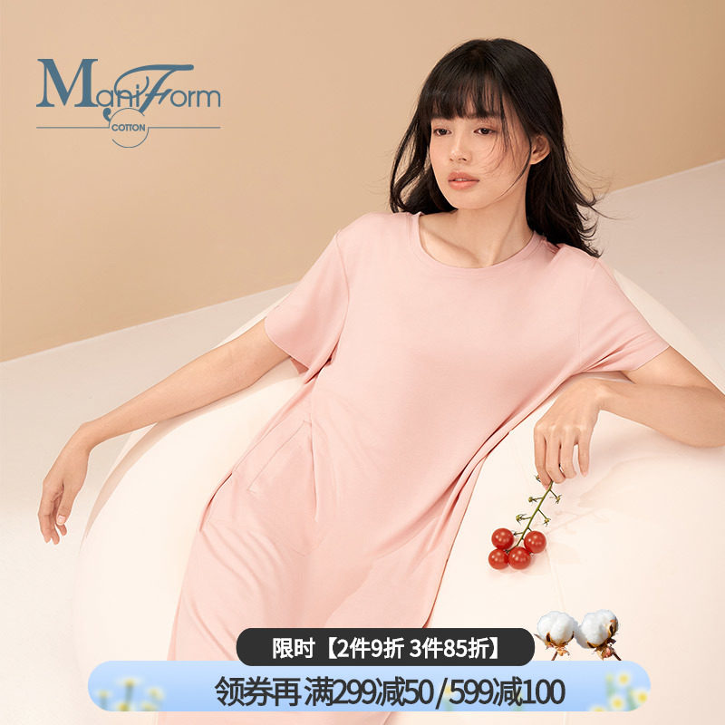 曼妮芬棉质生活家居服莫代尔随意裁清凉透气圆领短袖裸感睡裙睡衣