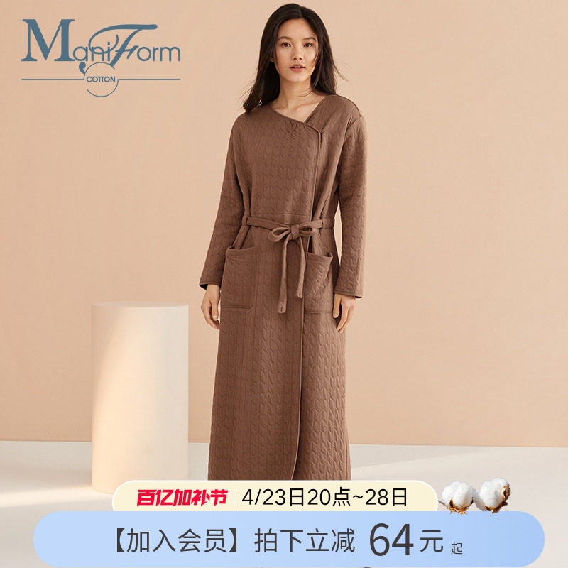 曼妮芬棉质生活睡袍女款春秋季居家睡衣系带柔软亲肤全棉纯棉浴袍