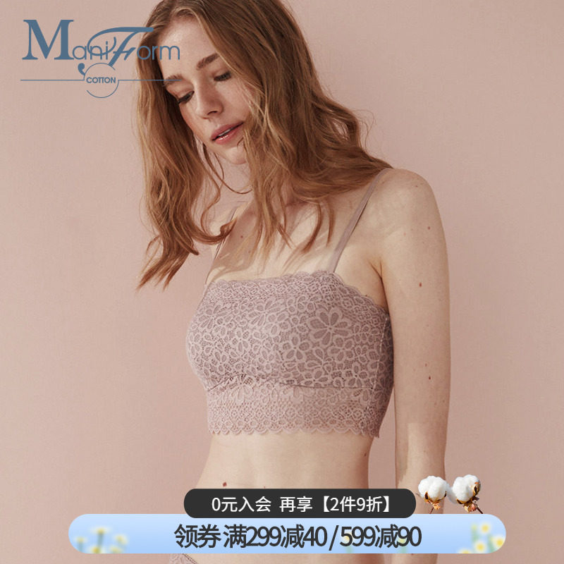 曼妮芬棉质生活蕾丝无钢圈抹胸式背心式文胸女防走光文胸吊带胸罩