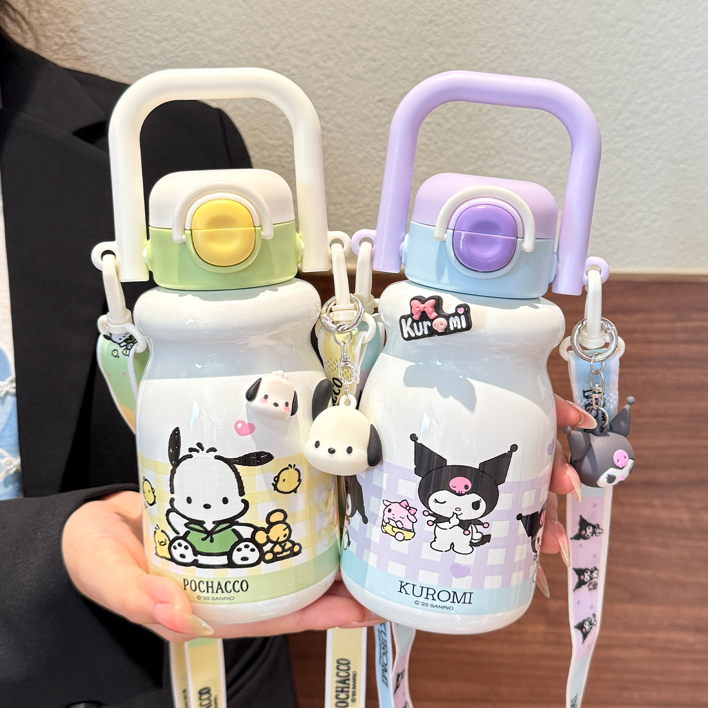 库洛米儿童保温杯女孩高颜值学生上学专用吸管杯316手提斜挎水壶