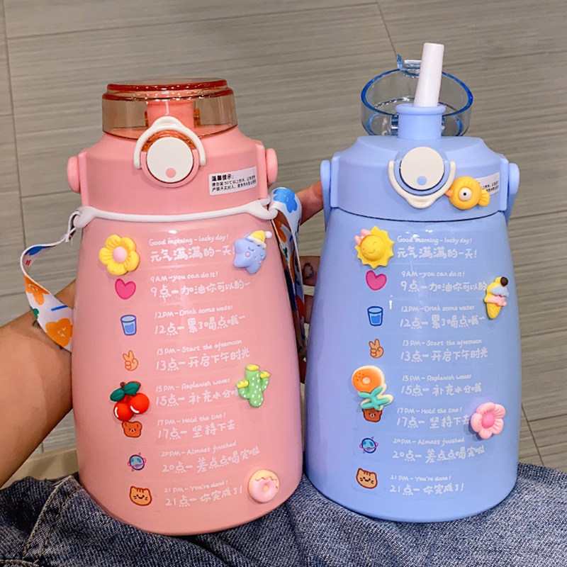 高颜值网红水壶大肚保温杯女带吸管学生上学手提斜挎大容量保暖壶