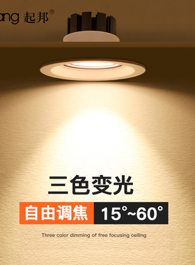变焦射灯led天花灯嵌入式cob筒灯家用孔灯可调焦牛眼聚光三色变光