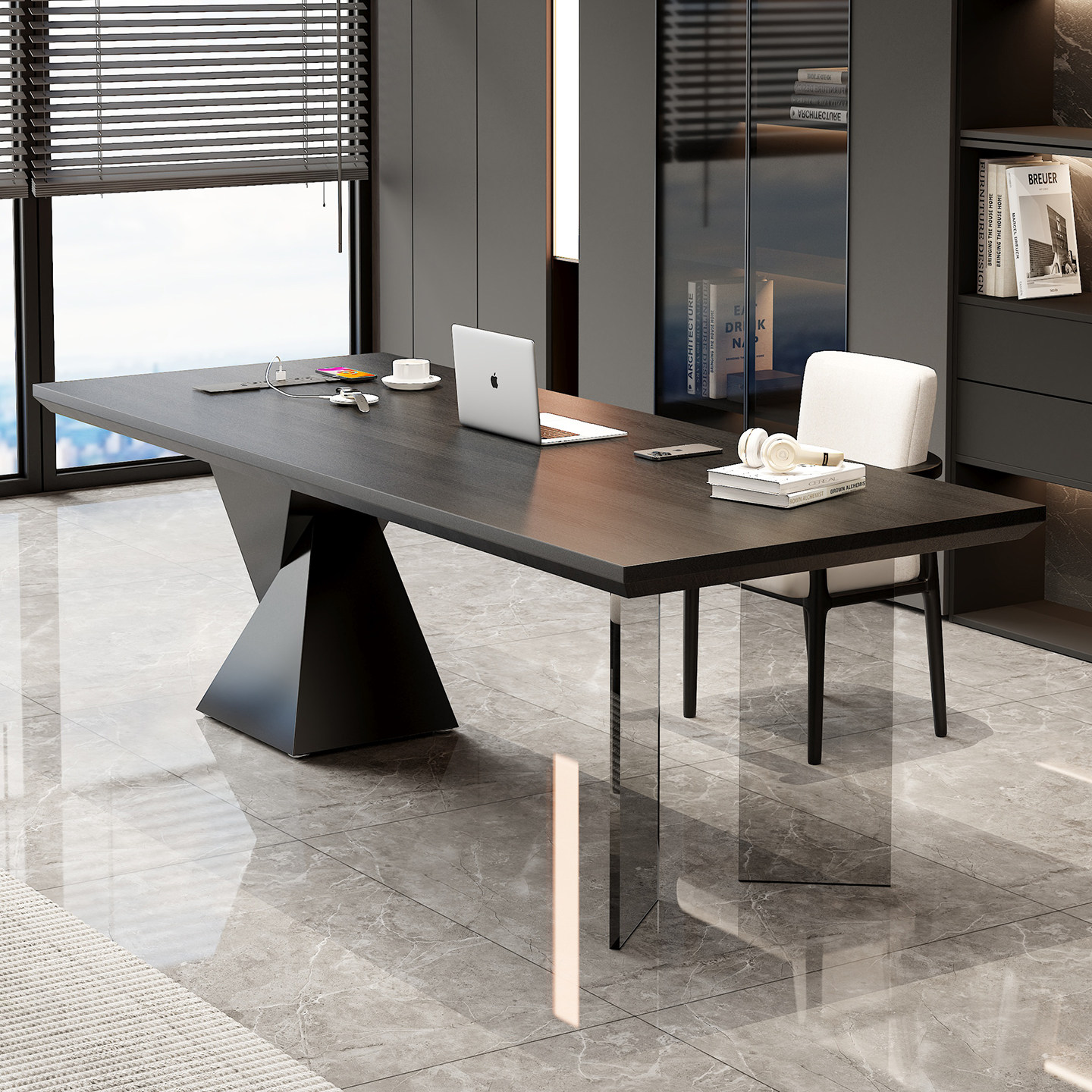 意式极简书桌带插座轻奢现代简约家用书房办公桌亚克力实木电脑桌