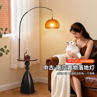 南瓜落地灯新款中古风客厅高级感卧室床头柜置物一体无线充电台灯