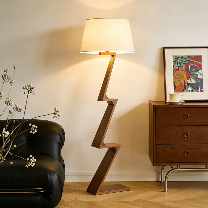 中古风z字形实木落地灯复古布艺客厅沙发旁置物架台灯卧室氛围灯