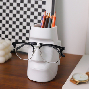创意摩艾石像笔筒书桌收纳筒艺术感简约眼镜架眉笔眉刷筒桌面摆件