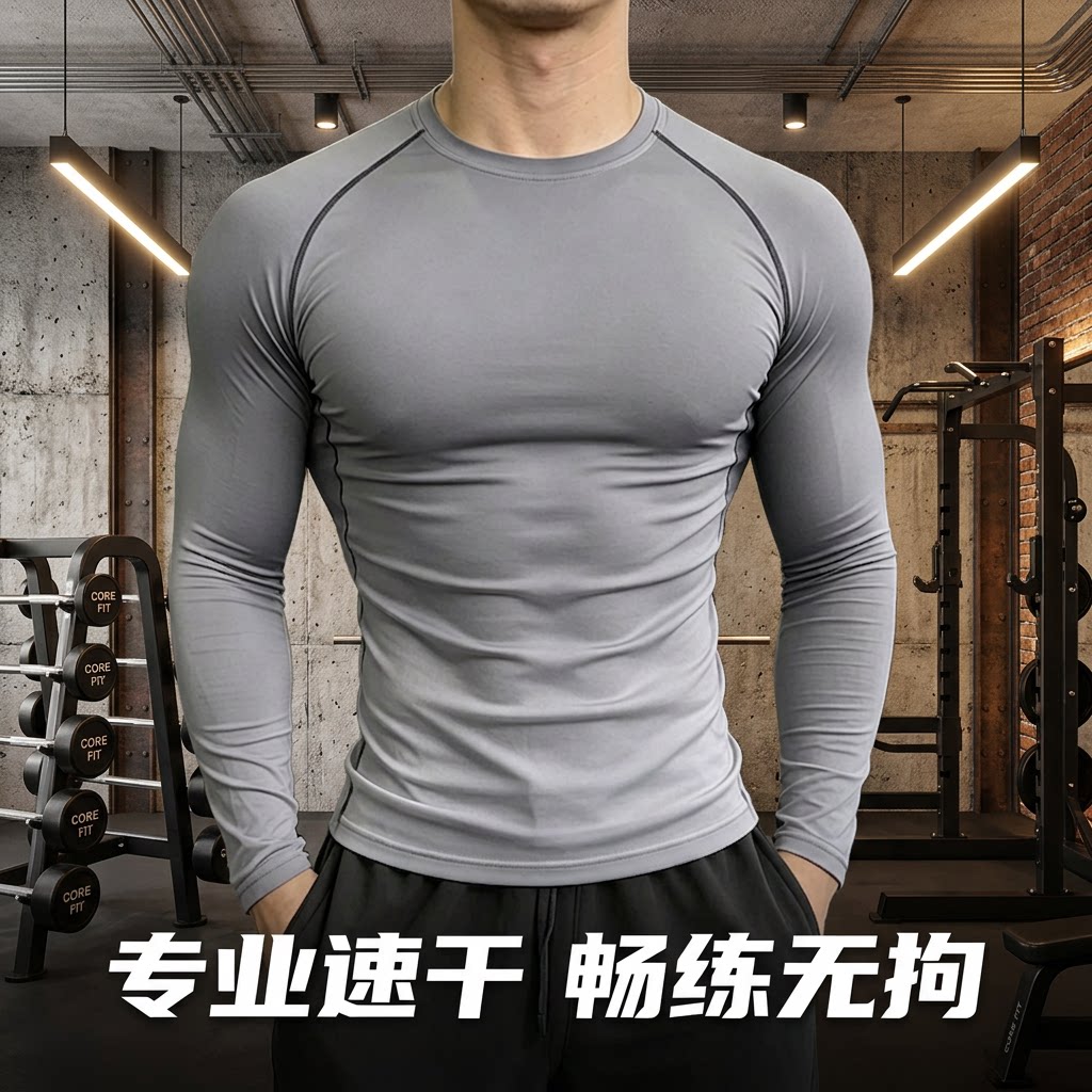 男士健身长袖速干紧身衣篮球跑步运动训练服高弹透气排汗打底衣
