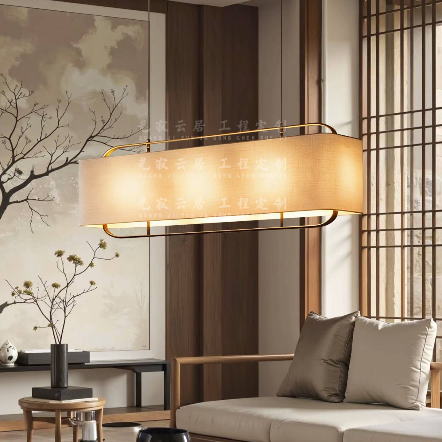 日式侘寂风餐厅吧台长条餐桌复古禅意茶室民宿酒店大厅前布艺吊灯