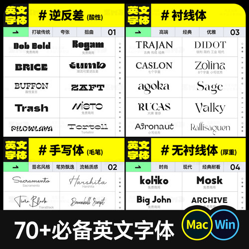 70个高级英文字体包下载逆反差酸性手写卡通Ps/Ai/Ae/Pr/Procreat