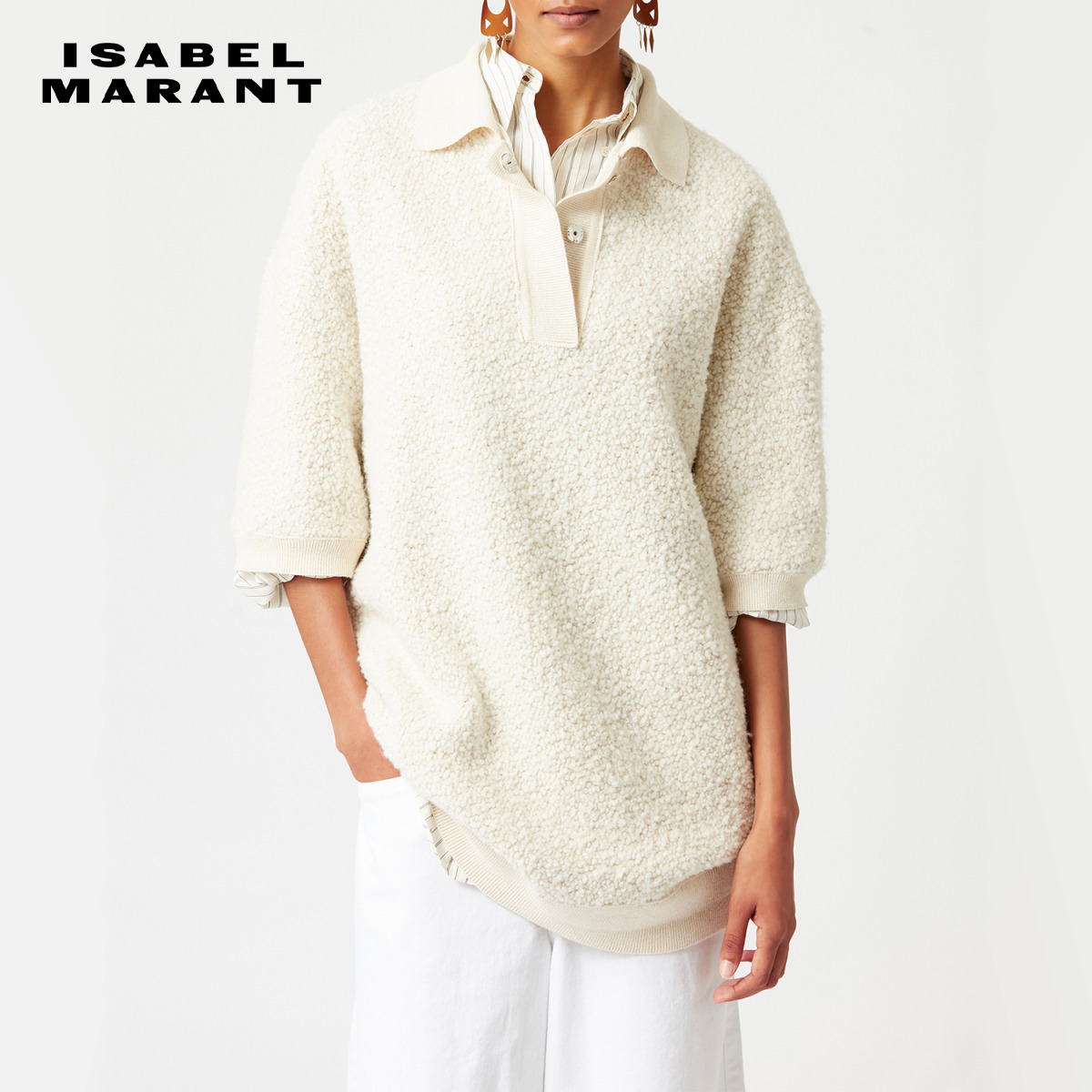 五分袖粗花呢春季套头衫