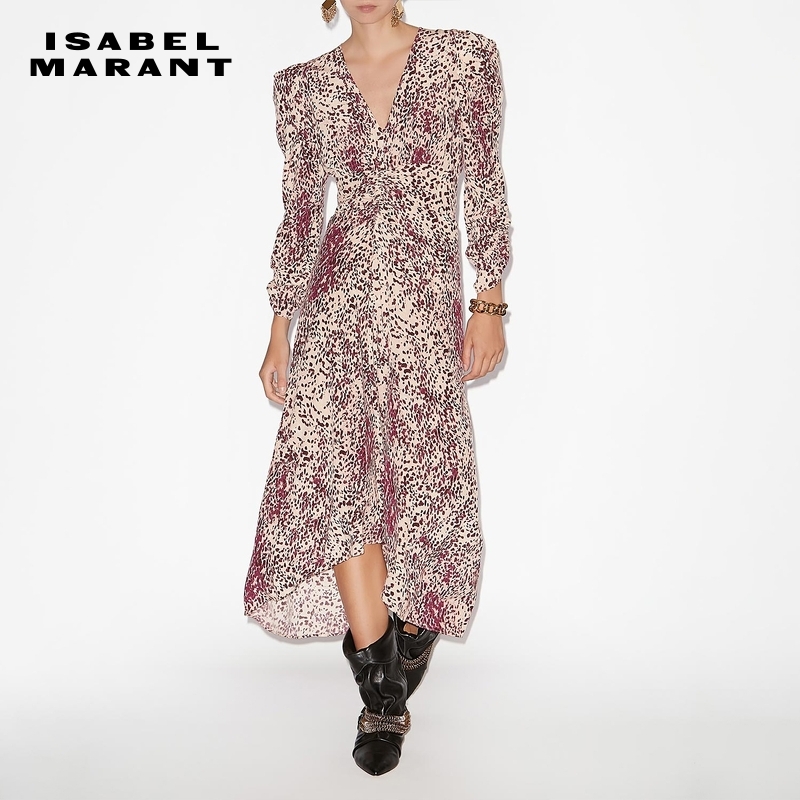 ISABEL MARANT2025春夏新款ALBINI褶皱真丝混纺迷笛连衣裙女