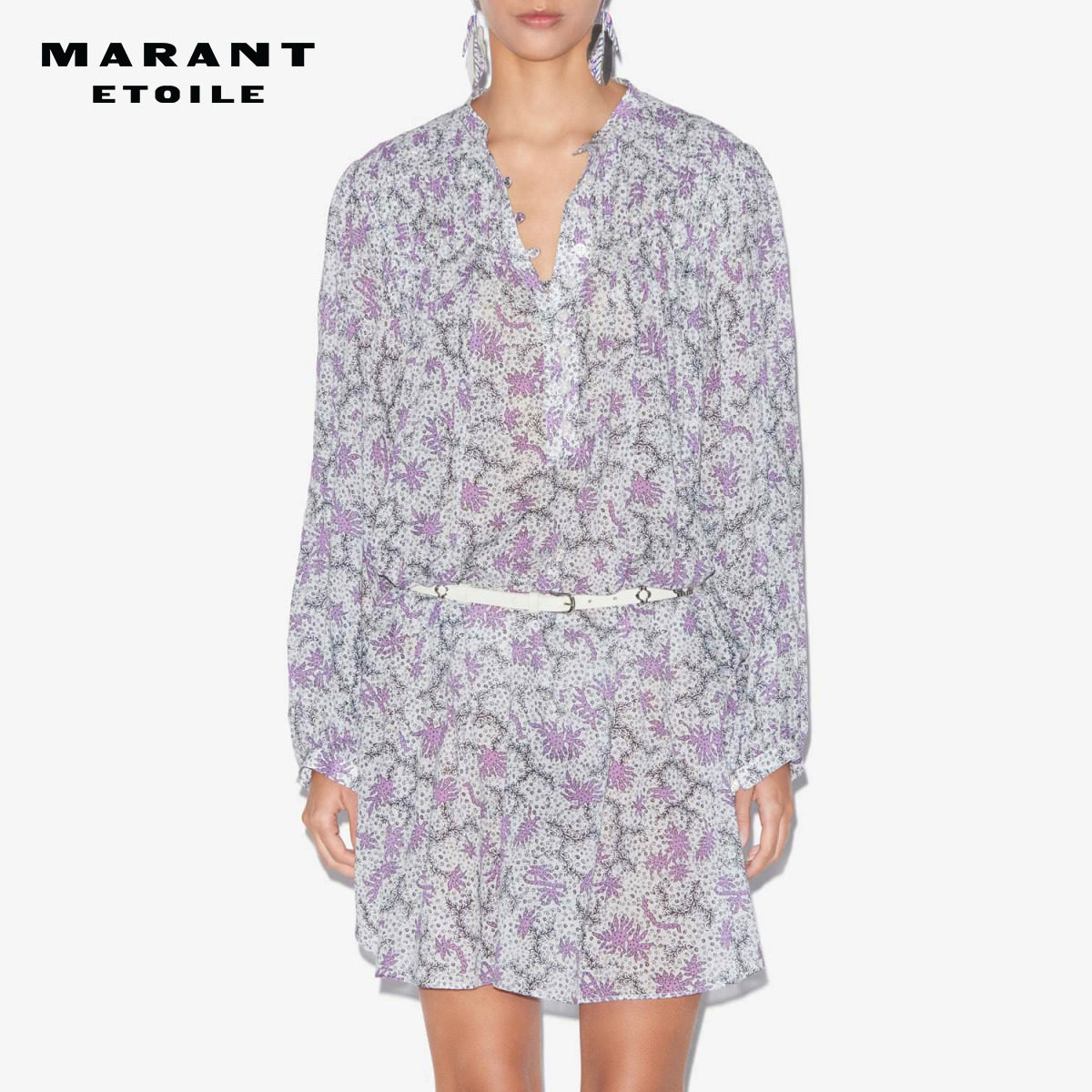 MARANT ETOILE DANA法式淑女V领紫色印花连衣裙女