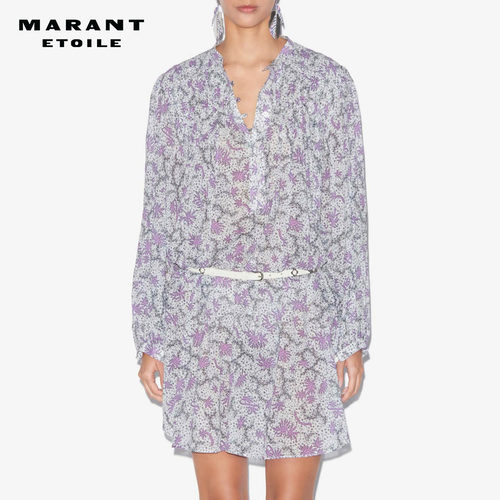 MARANT ETOILE DANA法式淑女V领紫色印花连衣裙女