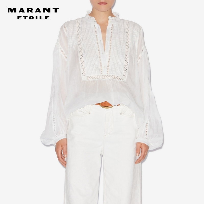 MARANT ETOILE2025春夏新款DISIA白色长袖褶皱镂空棉纱衬衫女