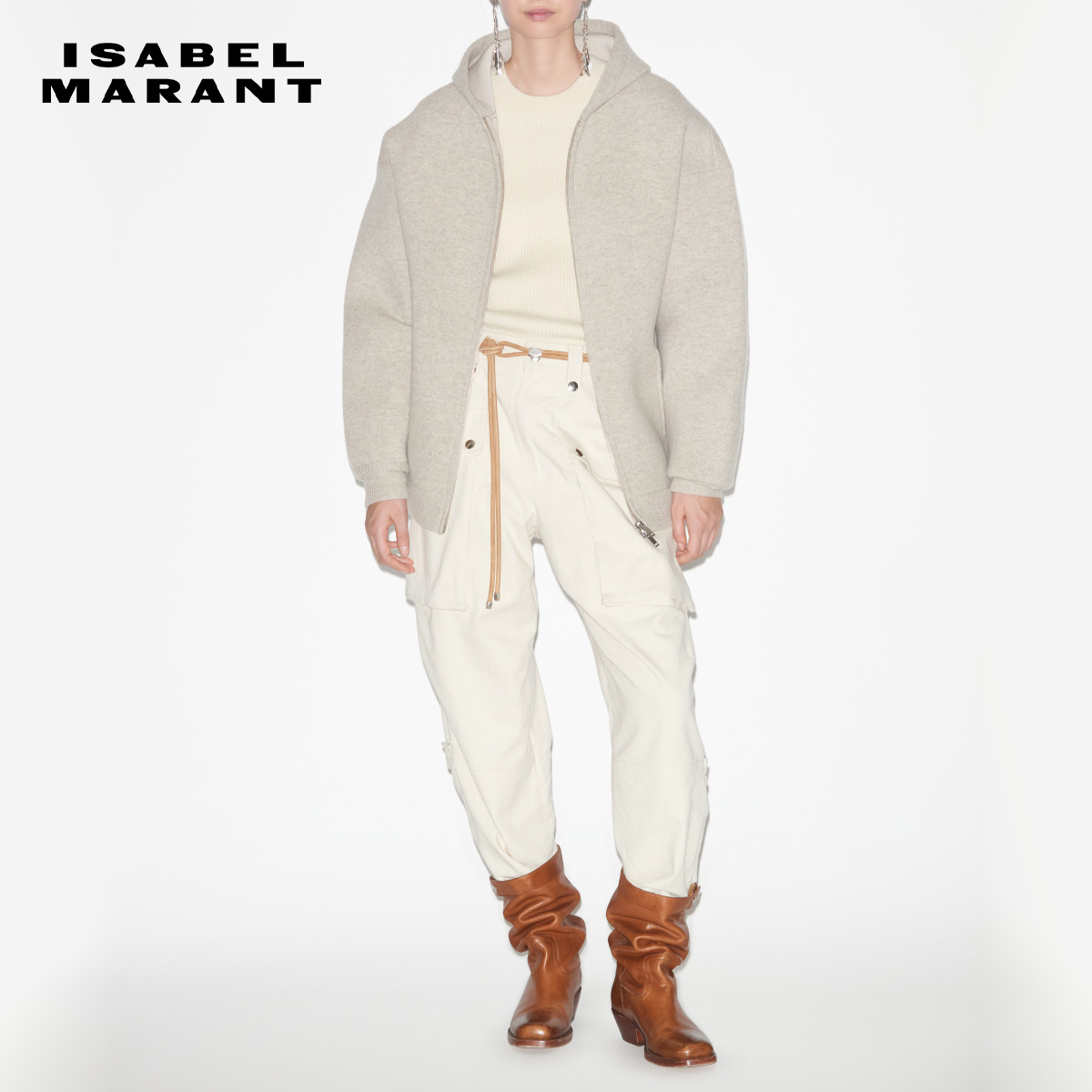 ISABEL MARANT 秋冬MANTEAU LANNY灰色女式针织连帽卫衣外套