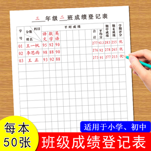 成绩登记表小学生初中高中单元 期中期末语文数学英语物理化学等科目考试分数评分记录登记表
